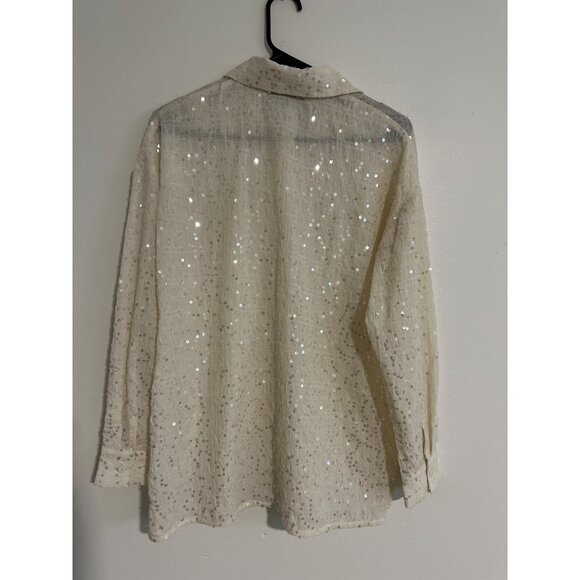 Blue Blush White Sequin Button-Up Collared Shirt Small - Picture 2 of 6